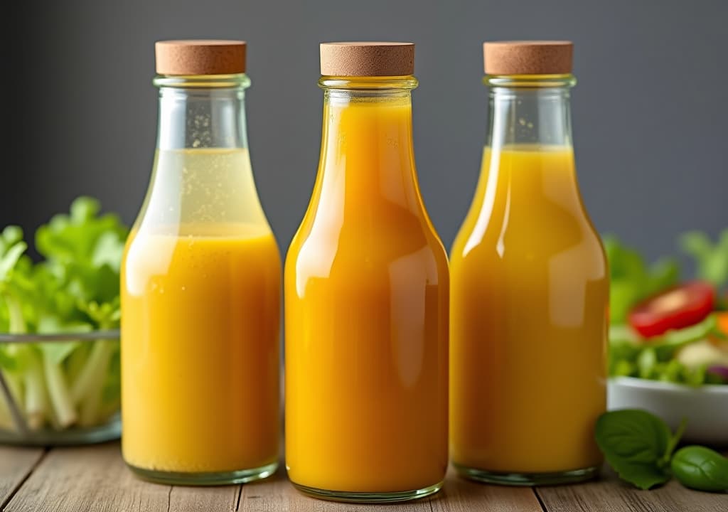  close up of three homemade salad dressings in bottles with honey mustard dressing in front