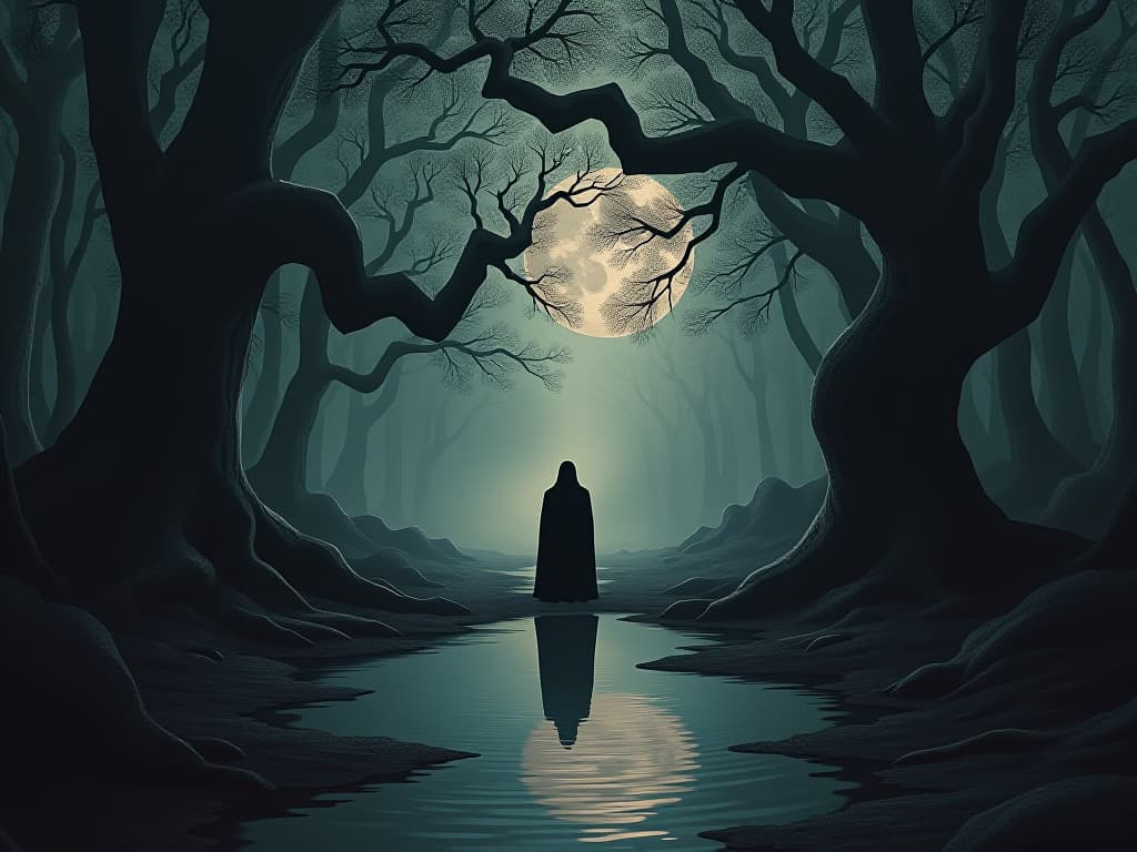  a reflective pool surrounded by dark, twisted trees, figure gazing into their own solemn reflection, moment of acknowledgment and inner peace.. the style is dark fantasy and mysterious occult, symbolic, moody lighting, esoteric vibe,high detail on character design. for the color scheme emphasize blacks and reds.