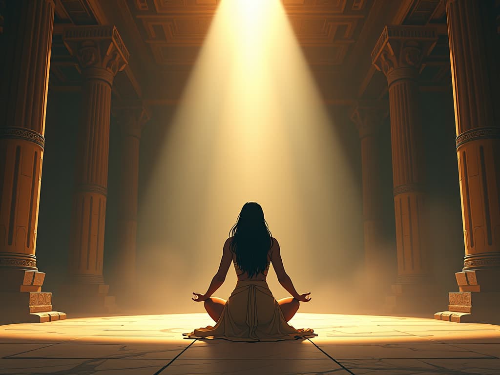  a tranquil temple interior, light streaming from above, central figure kneeling in meditation, radiating acceptance of divine gift. the style is digital art illustration / modern comic book / mysterious occult, symbolic, esoteric vibe,high detail on character design, incorporating ancient egyptian symbology and attire.