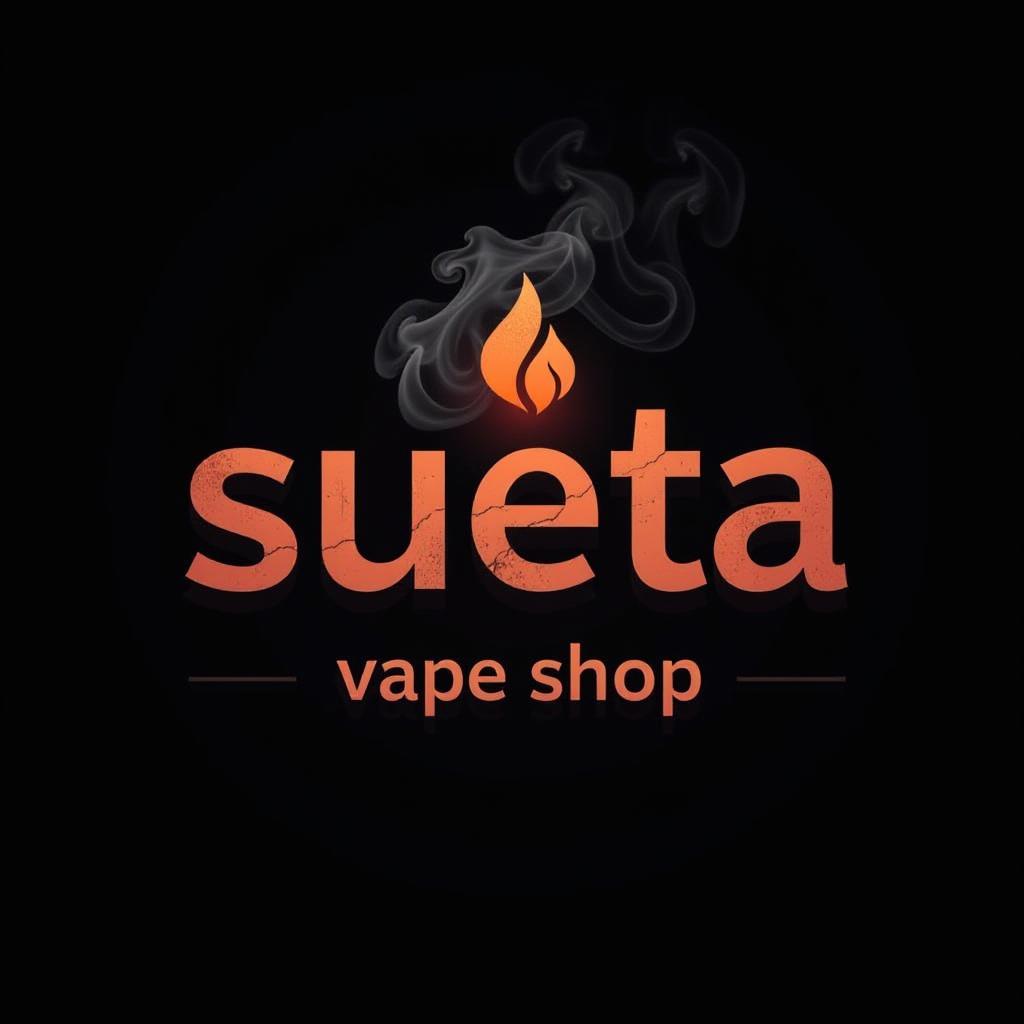  logo: "sueta" in large letters, and below "vape shop" on a black background with smoke and fire