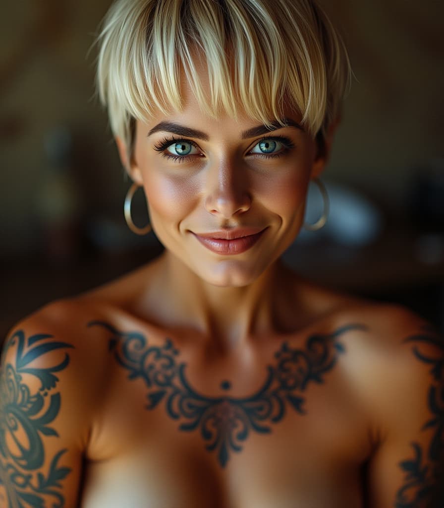  captivating gaze of a 30 woman, with tattoos all over her tanned body. short blonde hair. big lips. smirk