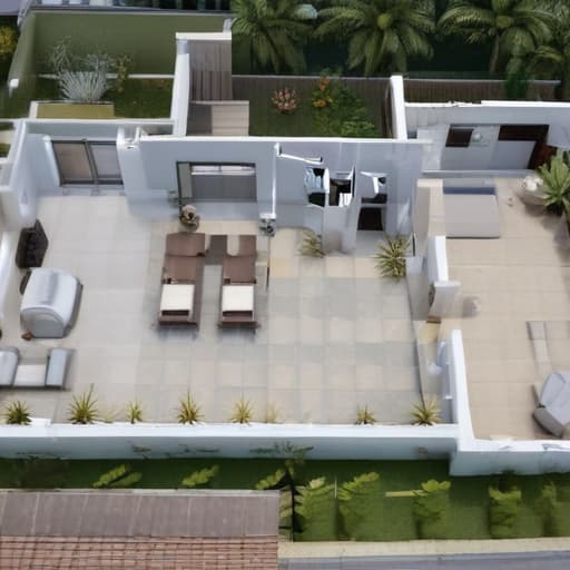 Create a house plan that has open plan kitchen, living area, dining area, 4 bedrooms with one bedroom being a master bedroom with it's own bathroom toilet and outdoor shower and jacuzzi