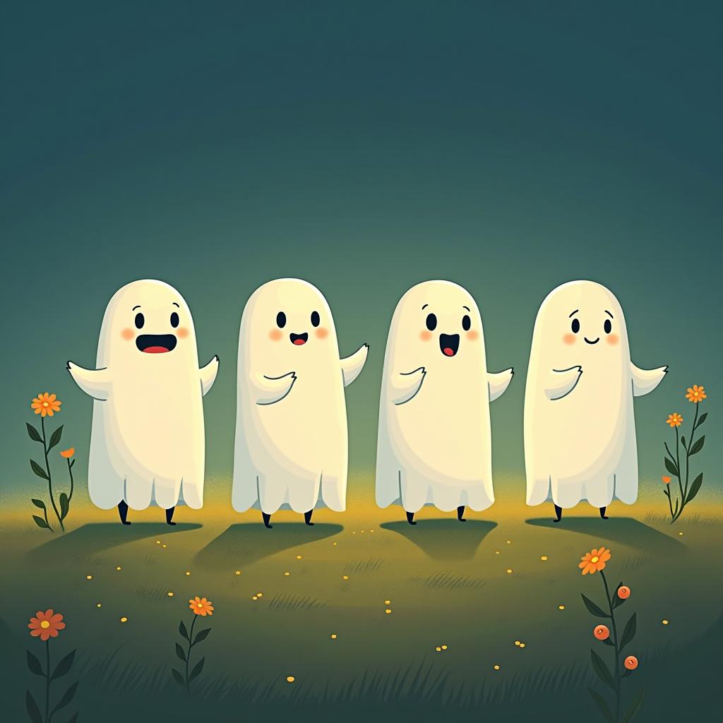  create a digital illustration featuring a row of four or five cute, cartoonish ghost characters, each with a different appearance, standing in different positions within sparse, life like wildflowers.