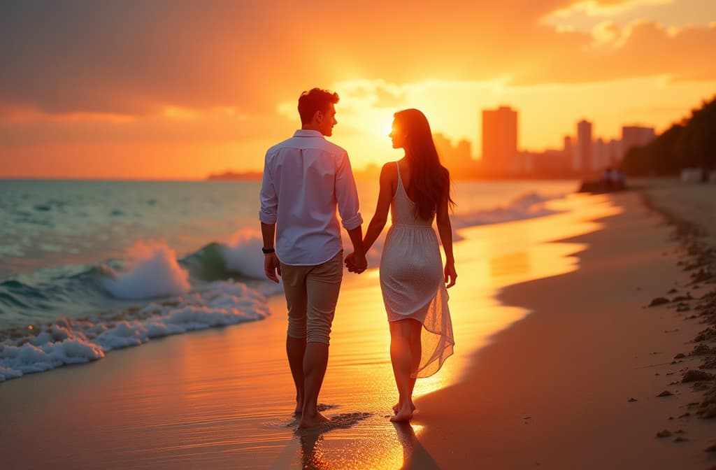  a romantically intertwined couple, their fingers tightly intertwined with the warm hues of a setting sun painting the sky behind them. the golden sands of the beach contrast beautifully with the deep blue sea and the distant city skyline. this vivid scene is captured in a stunning photograph, showcasing the young pair's genuine connection as they stroll along the shore. each detail is meticulously highlighted, from the graceful curves of their bodies to the gentle waves lapping at their feet, creating a captivating image that radiates love and tranquility. hyperrealistic, full body, detailed clothing, highly detailed, cinematic lighting, stunningly beautiful, intricate, sharp focus, f/1. 8, 85mm, (centered image composition), (professionally color graded), ((bright soft diffused light)), volumetric fog, trending on instagram, trending on tumblr, HDR 4K, 8K