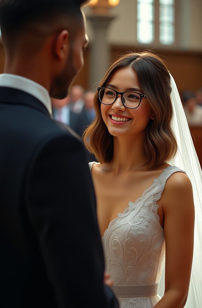  a young caucasian woman, in her early 20s, with shoulder length brown hair and glasses, wearing a white wedding dress, smiling in church with a young brown man in a black suit, short hair, close to his head, without glasses, taller than her, looking at the priest, realistic, portrait, art by donato giancola and greg rutkowski, realistic face, digital art, trending on artstation hyperrealistic, full body, detailed clothing, highly detailed, cinematic lighting, stunningly beautiful, intricate, sharp focus, f/1. 8, 85mm, (centered image composition), (professionally color graded), ((bright soft diffused light)), volumetric fog, trending on instagram, trending on tumblr, HDR 4K, 8K