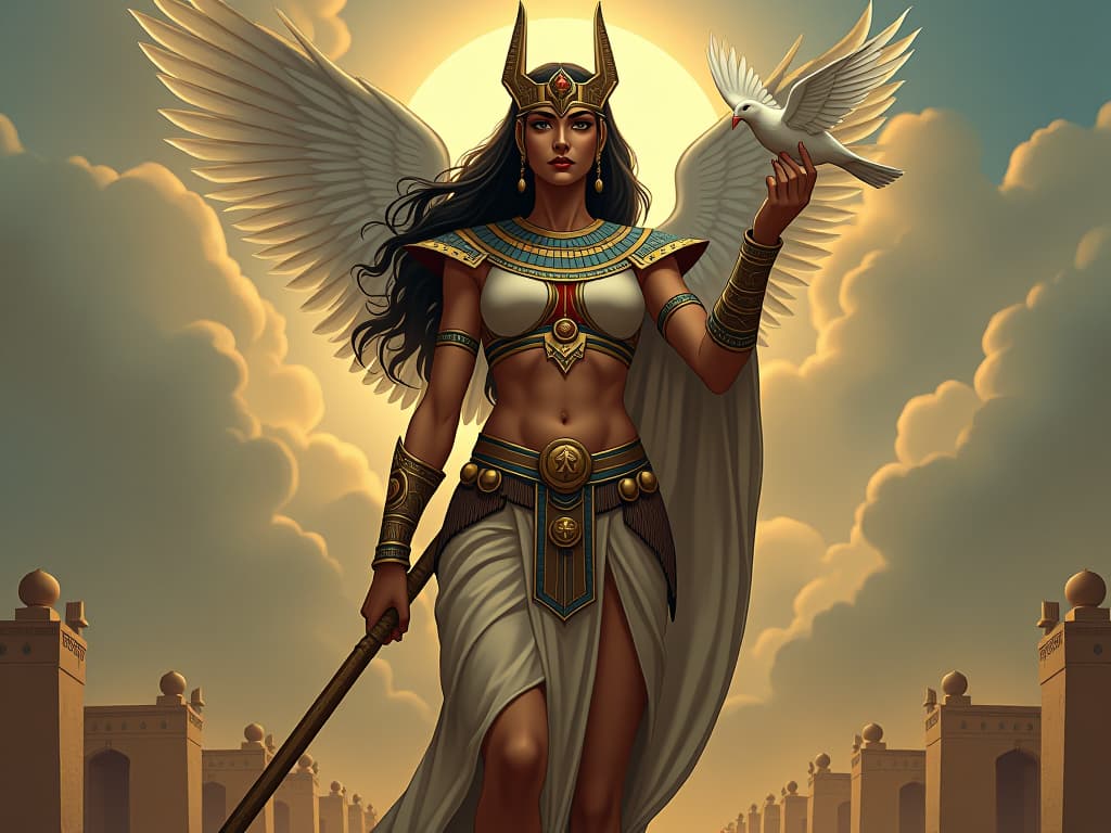  warrior queen, large busted and imposing, standing on the battlefield, holding a dove, symbolizing courage and empathy. the style is digital art illustration / modern comic book / mysterious occult, symbolic, esoteric vibe,high detail on character design, incorporating ancient egyptian symbology and attire.