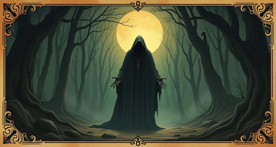  bright light surrounded by creeping shadows, piercing brilliance, obscured, envious. an illustration in the style of a worn, mystical old tarot trump card, mysterious and elements of surrealism. the colors are muted, somber and eerie, but with contrast bring out an occult and esoteric vibe.