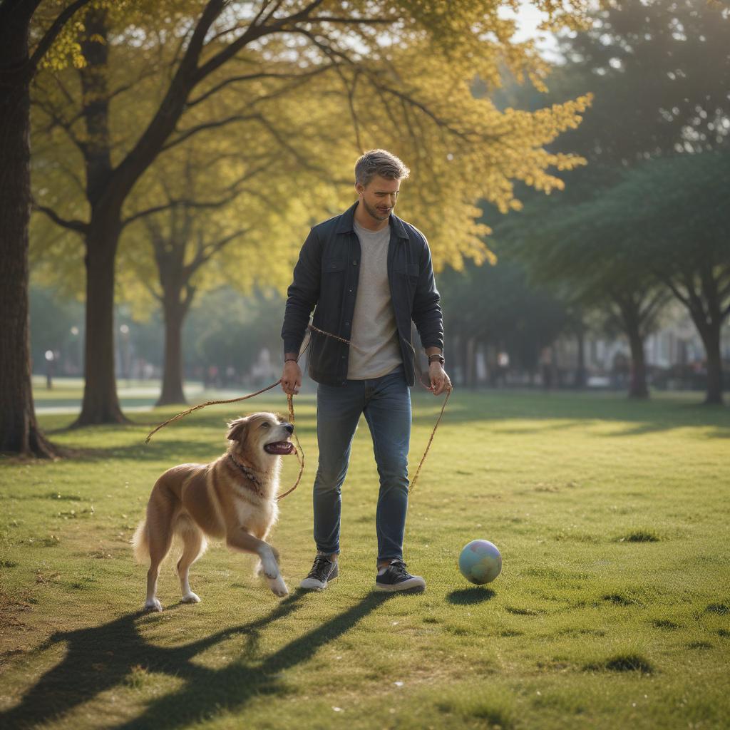 ((masterpiece)), (((best quality))), 8k, high detailed, ultra detailed, A dog with its owner, dog playing with a ball, owner holding a leash, park setting, trees in the background hyperrealistic, full body, detailed clothing, highly detailed, cinematic lighting, stunningly beautiful, intricate, sharp focus, f/1. 8, 85mm, (centered image composition), (professionally color graded), ((bright soft diffused light)), volumetric fog, trending on instagram, trending on tumblr, HDR 4K, 8K