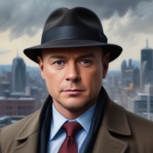 Reymond reddington in Oil painting style with City background