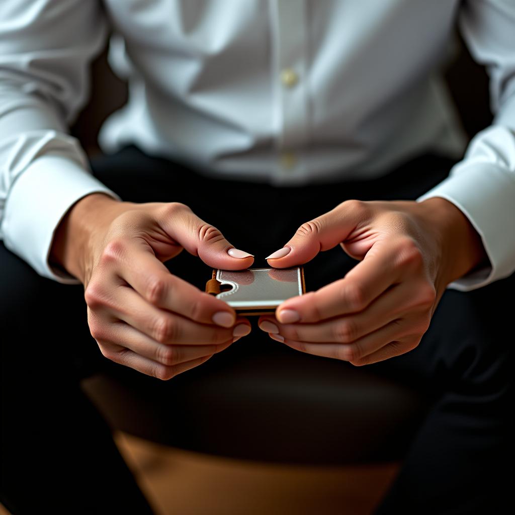  a man in a white shirt and black pants is sitting, holding a leather money clip in his hands.