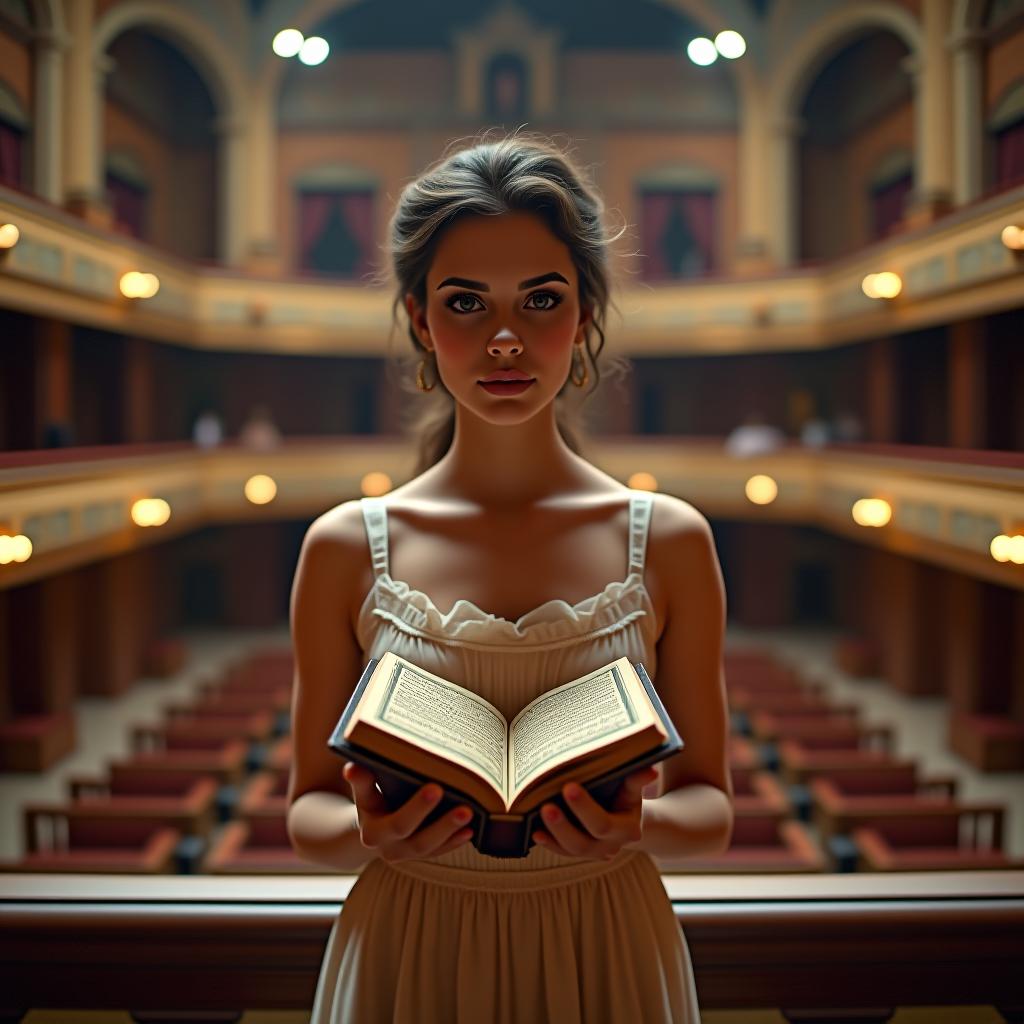  a woman in an antique light colored dress stands on the balcony of a theater in full view, her facial features blurred, holding an ancient book with hieroglyphs in her hands.