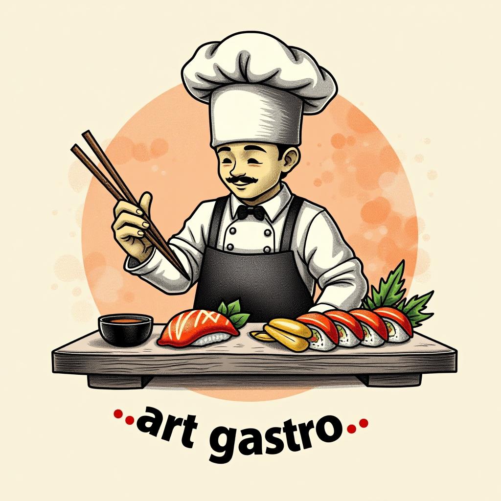  design a logo, in a pencil style. fundo branco silhueta de cozinheiro montando prato de sushi, entregas de comida , with the text 'art gastro house'.