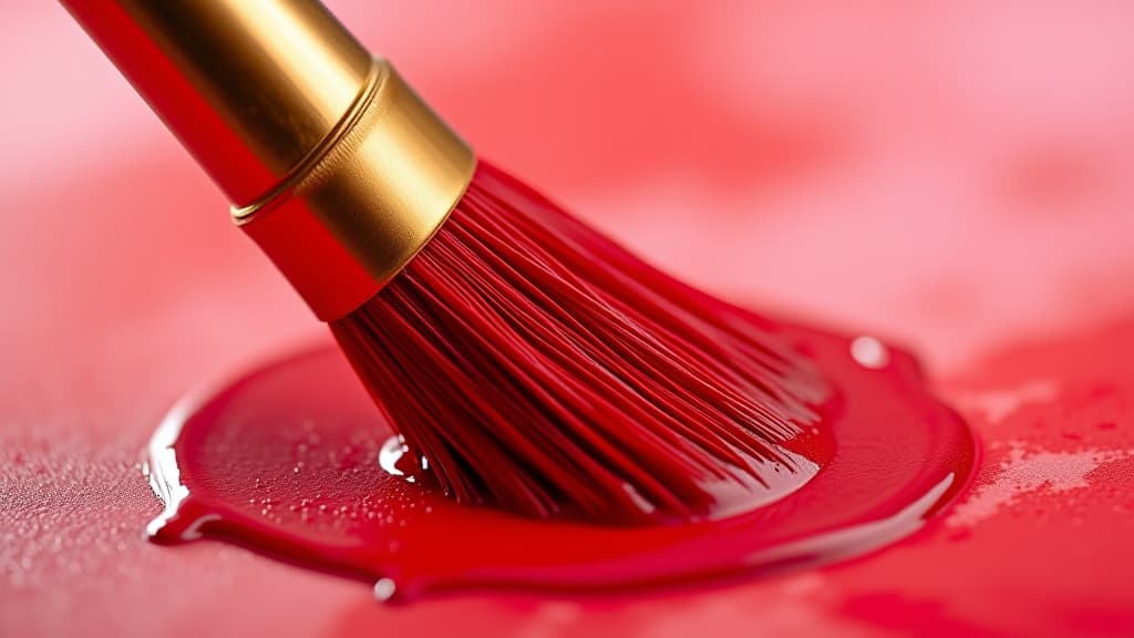  a close up of a paintbrush dipped in red paint, capturing the texture and vibrant color of the paint.