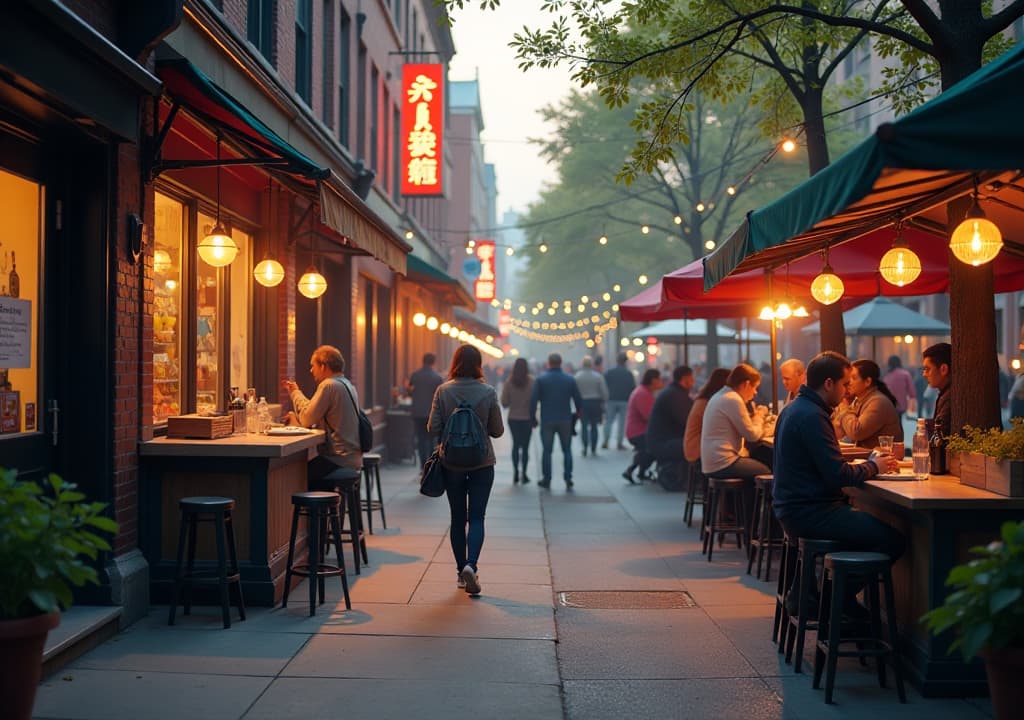  a lively scene of a toronto neighborhood exploration, showcasing diverse eateries and food stalls, colorful street art, locals engaging in conversation, and people enjoying various cultural events, all creating a vibrant atmosphere that captures the essence of the city's unique neighborhoods. hyperrealistic, full body, detailed clothing, highly detailed, cinematic lighting, stunningly beautiful, intricate, sharp focus, f/1. 8, 85mm, (centered image composition), (professionally color graded), ((bright soft diffused light)), volumetric fog, trending on instagram, trending on tumblr, HDR 4K, 8K