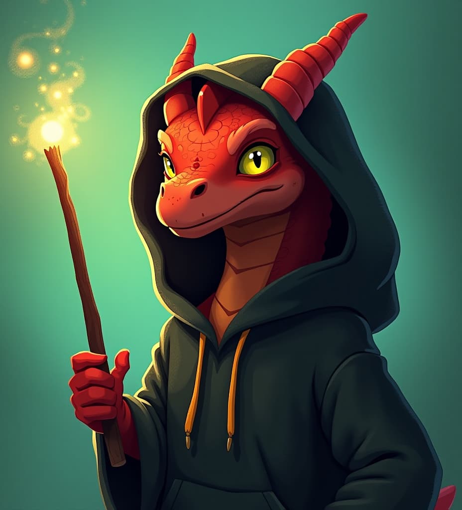  a red skinned humanoid dragon with yellow eyes wearing a black hoodie and wielding a magic wand in front of a cyan to green fade background