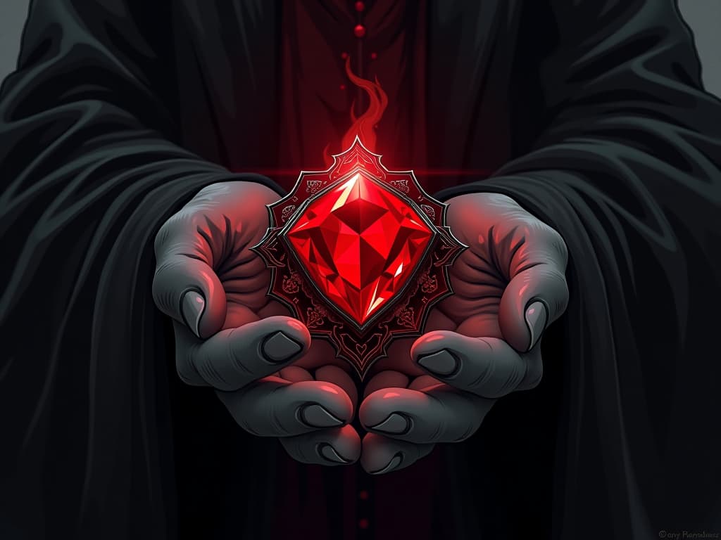  red jewel encrusted relic held by a spectral hand, glowing softly, mood of honored guardianship. the style is digital art illustration / modern comic book / graphic dark novel fantasy and mysterious occult, symbolic, moody lighting, esoteric vibe,high detail on character design. for the color scheme emphasize blacks and reds.