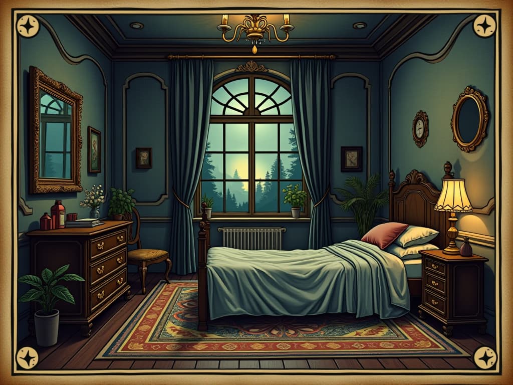  room mirroring personal state, tidy and organized, harmonious aesthetics, tranquil, serene atmosphere. an illustration in the style of a worn, mystical old tarot trump card, mysterious and elements of surrealism. the colors are muted, somber and eerie, but with contrast bring out an occult and esoteric vibe.