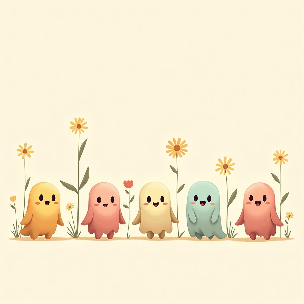  create a digital illustration featuring a row of four or five cute, cartoonish ghost characters, each with a different appearance, standing in different positions within sparse, life like wildflowers.