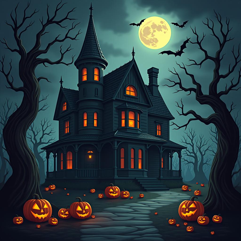  create a seamless digital painting of a spooky, halloween themed scene featuring a haunted house with gothic architecture. the house should be surrounded by twisted, gnarled trees and a multitude of jack o' lanterns. the scene should include a dark, cloudy sky to enhance the eerie atmosphere. the overall style should be detailed and atmospheric, capturing the essence of a haunted, creepy environment perfect for halloween, ensuring the design is seamless for use in repeating patterns or wraps.