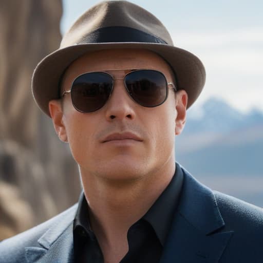 Reymond reddington with sunglasses in Mythological style with Mountains background