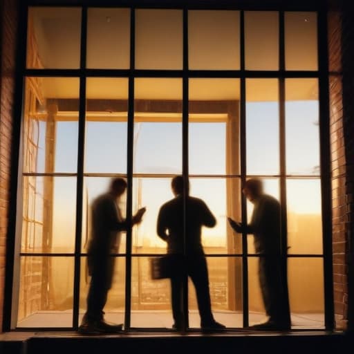 A photo of a team of craftsmen meticulously fitting a large glass pane into a sleek modern window frame in a bustling urban setting during the late afternoon, with warm golden light streaming through the glass panels, casting long shadows and illuminating their focused expressions as they work together seamlessly.