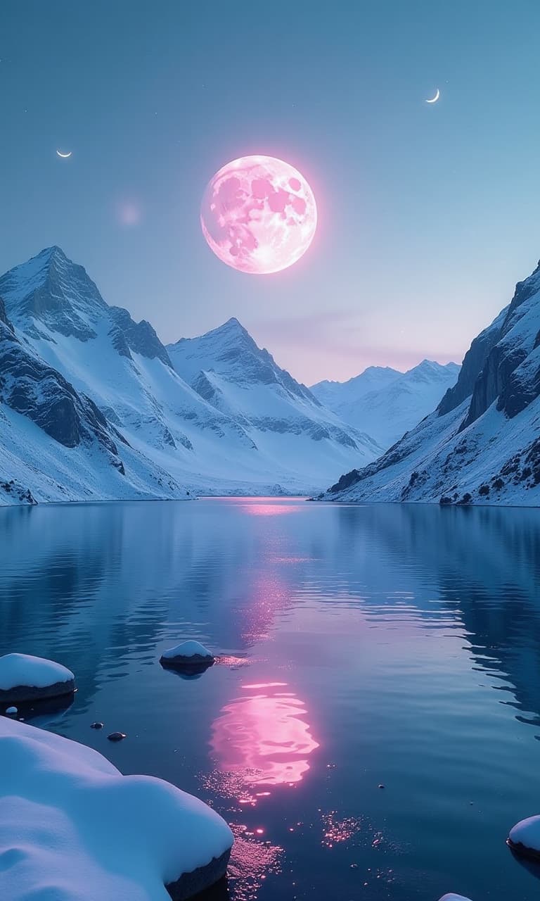  cinematic photo a large body of water surrounded by snow covered mountains, trending on cg society, fantasy art, large glowing moon, stunning photography, fractal dreamscape, ice blue, stunning screensaver, on the moon, amazing colours, floating planets and moons, frozen river, two moons, pastel blue, absolutely outstanding image, alien sky, two pure moons, crescent moon, amazing colors ar 9:16 . 35mm photograph, film, bokeh, professional, 4k, highly detailed