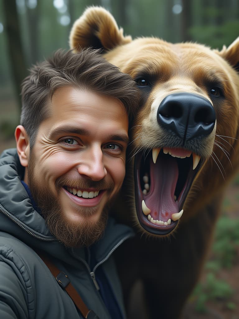  hyperrealistic art a man taking a selfie with a bear, by aleksander gierymski, instagram, avatar image, big teeth, national geographic footage, group photo, 4 k hd fur face!!!, animals chasing, smileeeeeee, wandering, hidden camera photo, wanderlust, in love selfie, zac . extremely high resolution details, photographic, realism pushed to extreme, fine texture, incredibly lifelike