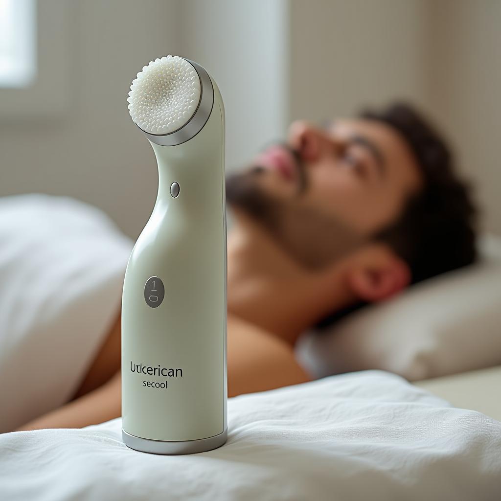  a facial cleansing device is in the foreground, while a figure of a man lies in the background.