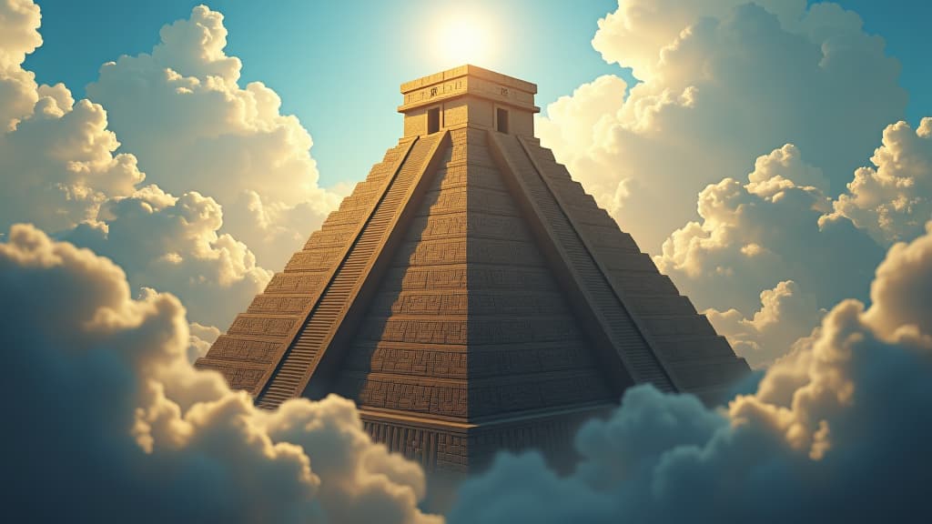  an illustration of the ziggurat structure typical of mesopotamian architecture, labeled as the tower of babel, surrounded by clouds and reaching towards the heavens. hyperrealistic, full body, detailed clothing, highly detailed, cinematic lighting, stunningly beautiful, intricate, sharp focus, f/1. 8, 85mm, (centered image composition), (professionally color graded), ((bright soft diffused light)), volumetric fog, trending on instagram, trending on tumblr, HDR 4K, 8K