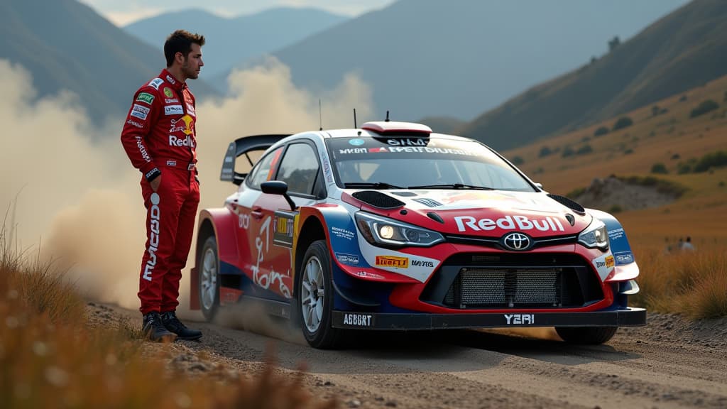  create a hyper realistic image capturing sebastien ogier's emotional journey at rally chile. the scene features a dynamic composition with a prominent focus on a detailed gr yaris rally car, showcasing its broken front suspension bolt. include subtle hints of a tire puncture and the rally course in the background. place a thoughtful and reflective sebastien ogier beside the car, showcasing his composure amidst disappointment. incorporate elements symbolizing hopes and realities, such as fading c