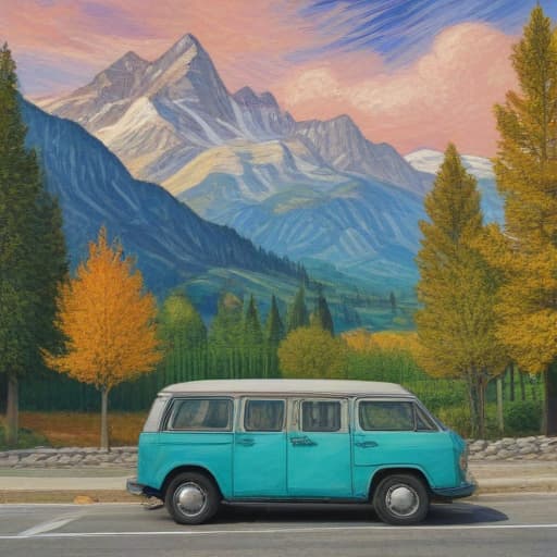 Mountains, trees, street, car in Van Gogh style with Mountains background