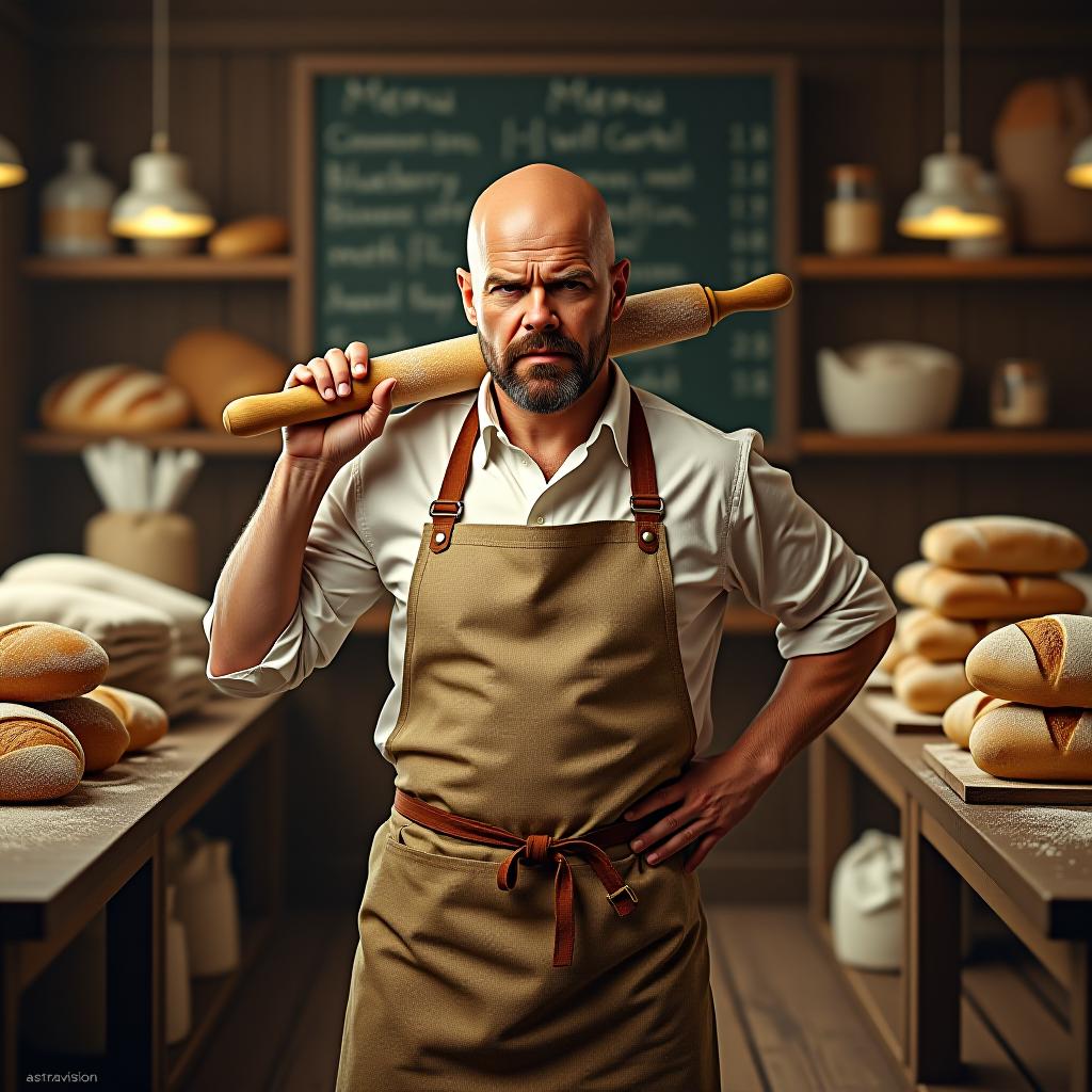  with " small text "astravision" at bottom right corner, a tv show poster for a parody series titled "breaking bread," playing on the name of the famous show breaking bad. the poster features a stern looking baker in a flour dusted apron, with a rolling pin slung over his shoulder like a weapon. he stands in the middle of a rustic bakery, surrounded by stacks of bread loaves, pastries, and bags of flour, all arranged to mimic the iconic desert backdrop from the original show. behind him, the bakery's chalkboard menu lists items like "cinnamon swirl cartel" and "blueberry muffin meth," hinting at the culinary chaos that’s about to unfold. the baker’s expression is intense, yet comically serious, as if he's about to take on the world with