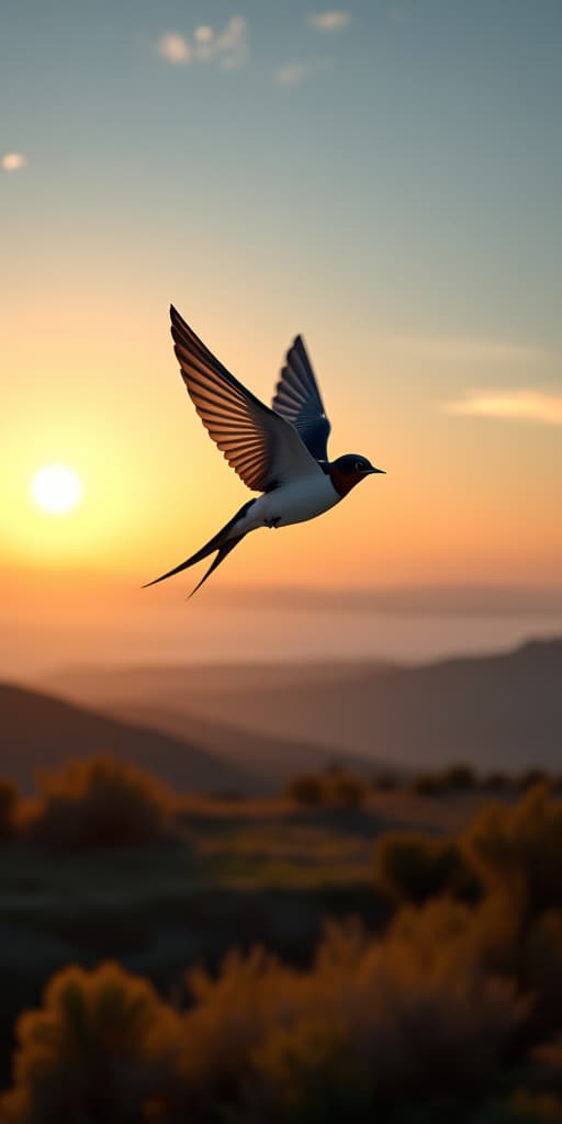  graceful swallow in flight over a serene landscape at dawn, high quality, high details, hd, perfect composition, 4k epic detailed, highly detailed, sharp focus, high resolution