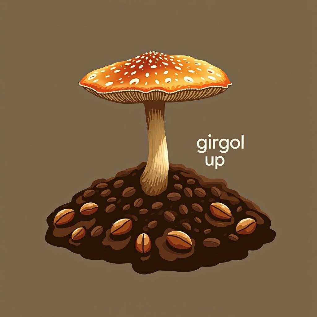  design a logo, pleurotus ostreatus growing on coffe browns, with the text 'girgol up'.