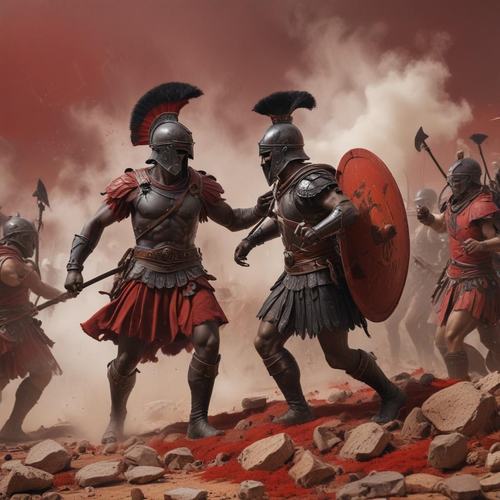 A chaotic battlefield scene with soldiers in Greek and Trojan armor, smoke billowing, and the news of Achilles' fall spreading like wildfire, capturing the tension and urgency of the moment, realistic depiction with gritty textures and muted color palette"in the style of classical Greek pottery art, with intricate black figures on a red background, depicting mythological scenes with a focus on gods and heroes, using a limited color palette of red, black, and white"This image is a breathtaking painting that captures the magical scene with vivid detail. The overall composition is spellbinding, showcasing a perfect harmony. photorealism fantasy, unreal engine 5, concept hyperrealistic, full body, detailed clothing, highly detailed, cinematic lighting, stunningly beautiful, intricate, sharp focus, f/1. 8, 85mm, (centered image composition), (professionally color graded), ((bright soft diffused light)), volumetric fog, trending on instagram, trending on tumblr, HDR 4K, 8K