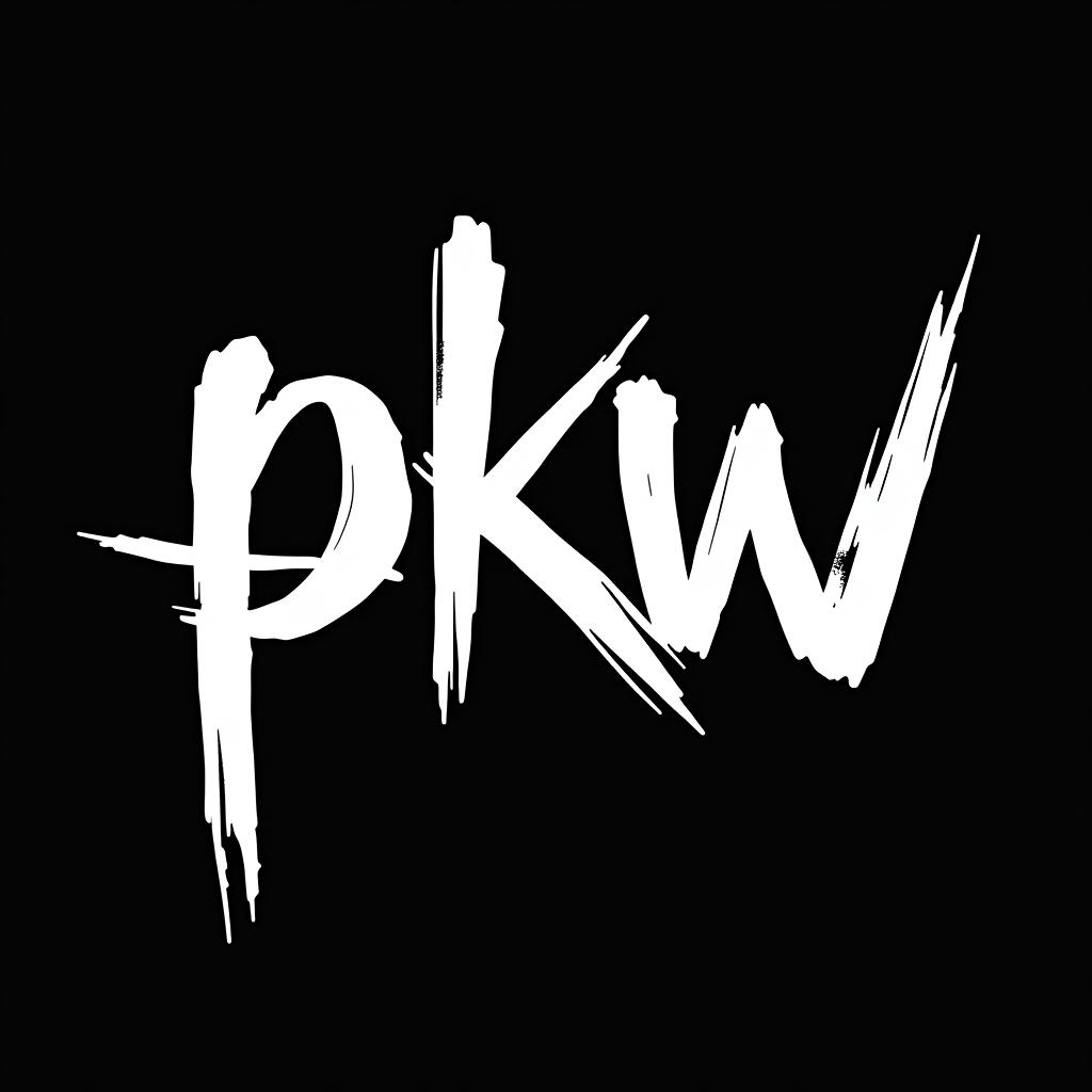  text "pkw", handwriting font, black and white typography logo,dark graffiti font, white background hyper detail, intricate details, sharp focus, high resolution, 8k, ultra detailed, vib