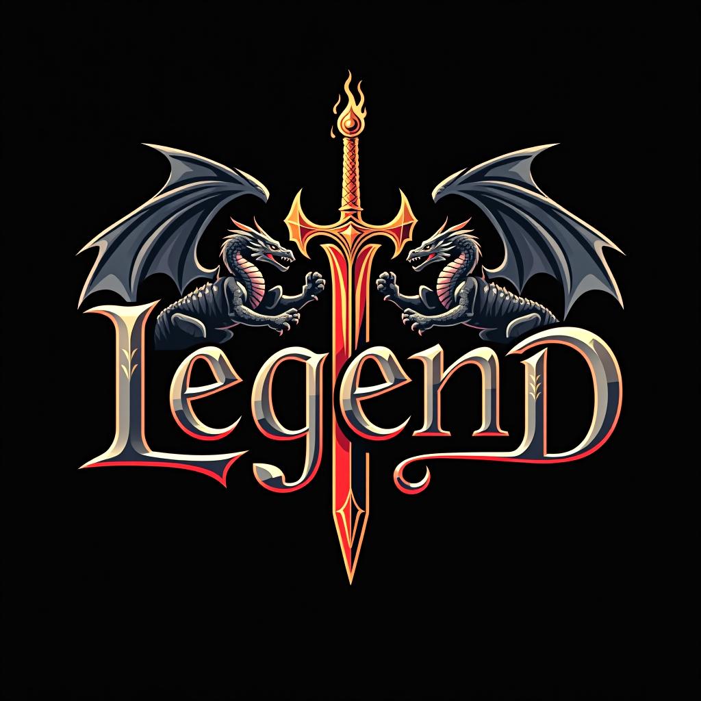  design a logo, custom sticker design on an isolated black background with the words ‘legend’ in bold font decorated by mythical dragons and a flaming sword