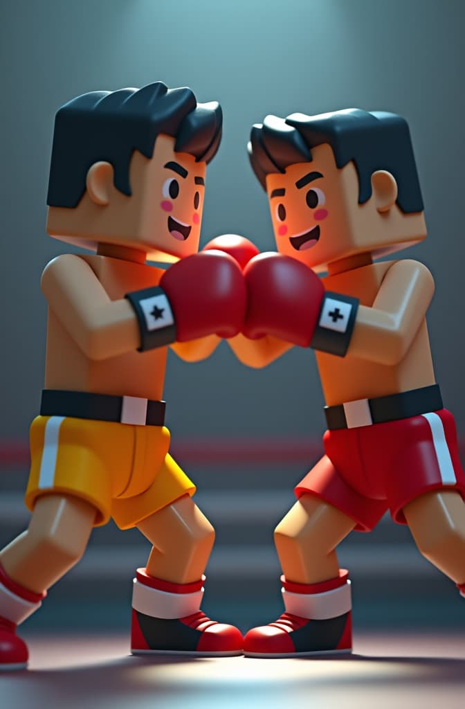  a blocky style boxing scene featuring two characters. one blocky character is punching another blocky character. the punching character has a light sheen of sweat on their face and body, indicating effort. both characters are wearing brightly colored boxing shorts, with the punching character in an active fighting pose and the receiving character in a defensive or slightly bent pose. include subtle movement effects around the punch to indicate impact. the background is simple and blocky, resembling a boxing ring or plain wall, with no additional complex elements. hyperrealistic, full body, detailed clothing, highly detailed, cinematic lighting, stunningly beautiful, intricate, sharp focus, f/1. 8, 85mm, (centered image composition), (professionally color graded), ((bright soft diffused light)), volumetric fog, trending on instagram, trending on tumblr, HDR 4K, 8K