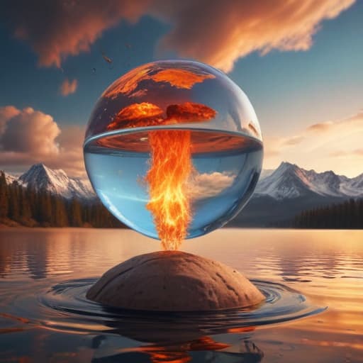 An image of flat earth within a droplet of fire falling through the air into water in Comic Art style with Mountains background