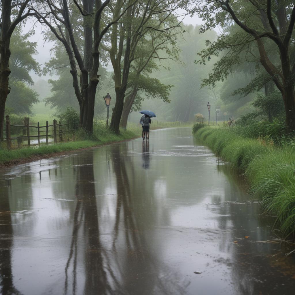 An impressionistic landscape capturing the essence of a rainy day.