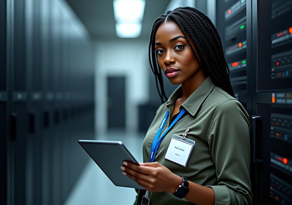  black woman working in server room, casual costume with identity tag, holding tablet, thinking expression, looking at camera