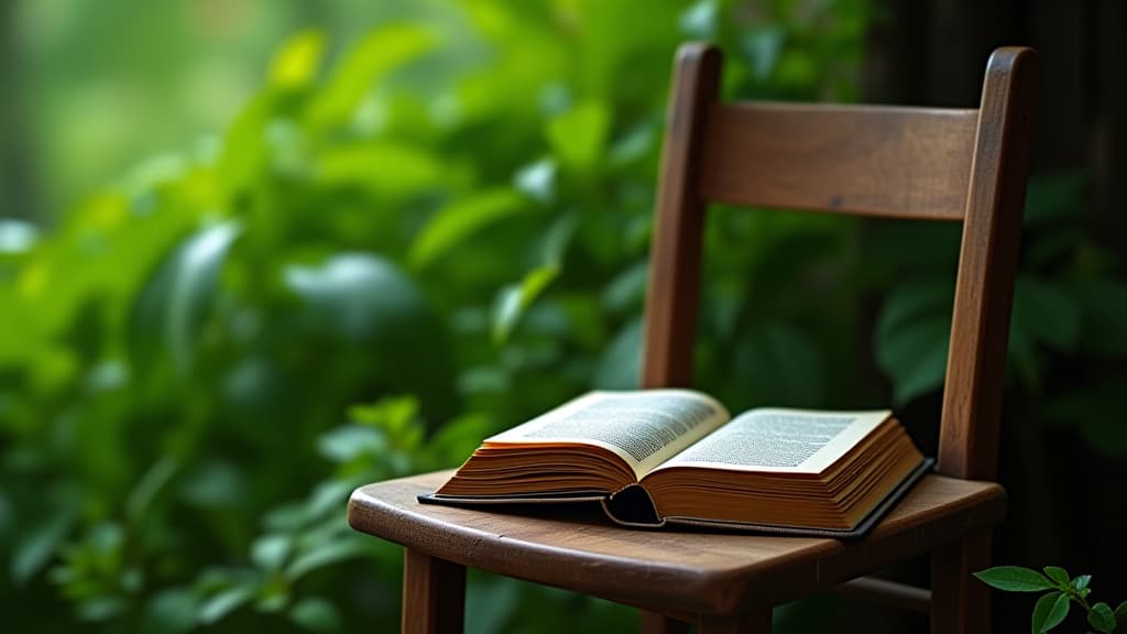  whispers of antiquity: a book resting on a rustic wooden chair amidst lush greenery