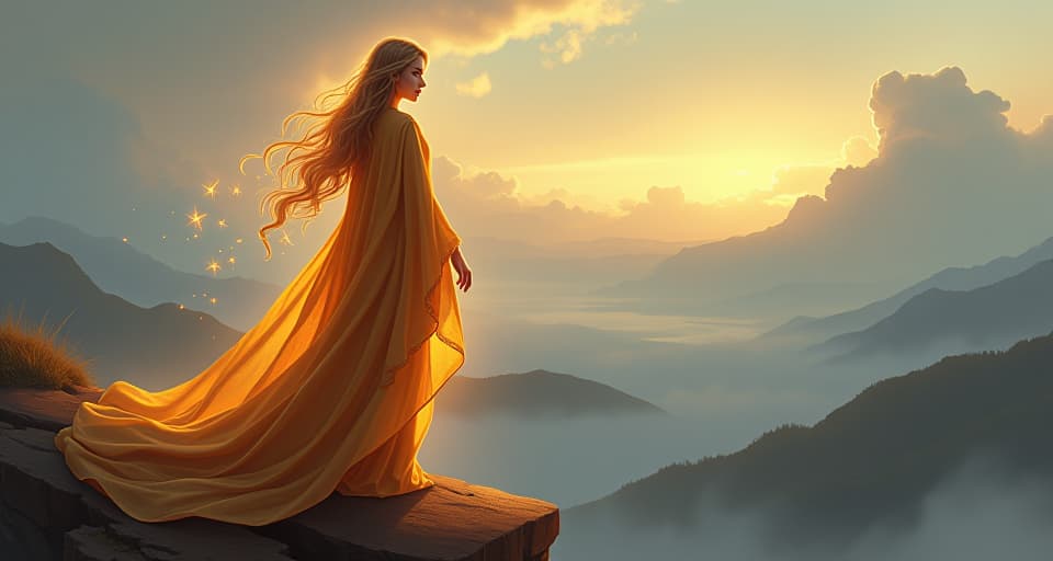  a young, ethereal mage with piercing eyes, dressed in flowing, radiant robes, standing on a cliff overlooking a vast, mystical landscape. her aura glows with a magical light, representing a prodigy's undeniable presence and extraordinary gift.. the style is digital art illustration,highly detailed, whimsical,magical, dreamlike atmosphere, realism and fantasy blend, smooth, glossy textures,luminous quality, wonder and enchantment.