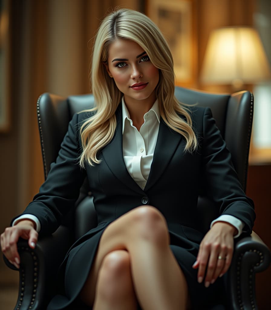  cinematic photo a woman in a strict business suit. a jacket, a skirt. light long hair collected on the tail. he's in the chair, his leg. strict eyes. downstairs. . 35mm photograph, film, bokeh, professional, 4k, highly detailed hyperrealistic, full body, detailed clothing, highly detailed, cinematic lighting, stunningly beautiful, intricate, sharp focus, f/1. 8, 85mm, (centered image composition), (professionally color graded), ((bright soft diffused light)), volumetric fog, trending on instagram, trending on tumblr, HDR 4K, 8K