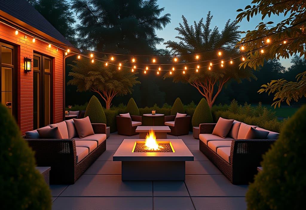  a landscape photo of a luxurious outdoor patio at dusk, string lights twinkling overhead, with a fire pit casting a warm glow on comfortable seating and lush greenery surrounding the space hyperrealistic, full body, detailed clothing, highly detailed, cinematic lighting, stunningly beautiful, intricate, sharp focus, f/1. 8, 85mm, (centered image composition), (professionally color graded), ((bright soft diffused light)), volumetric fog, trending on instagram, trending on tumblr, HDR 4K, 8K