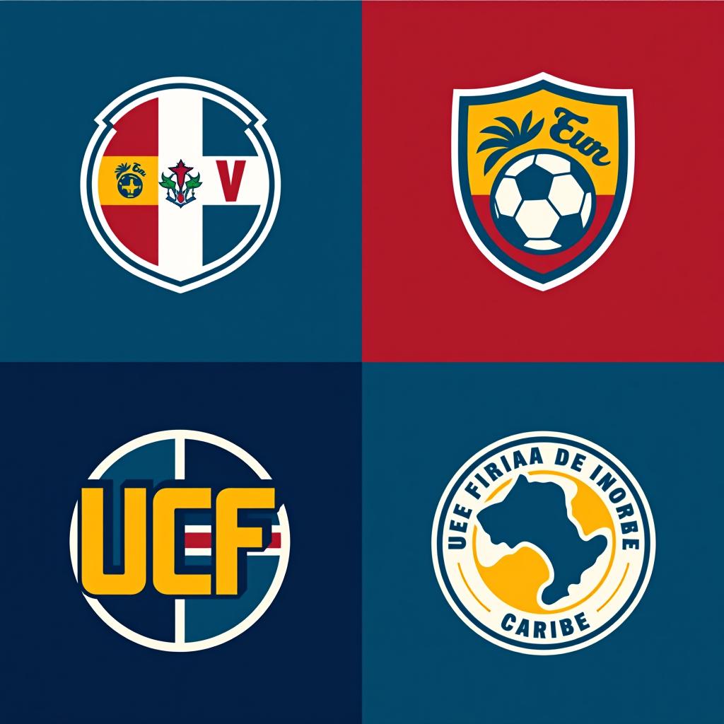  design a logo, ahora créame los siguiente logos logo 1: un diseño que combina los colores de las banderas de república dominicana y venezuela, con un balón de fútbol en el centro y el nombre del equipo en una tipografía moderna. logo 2: un escudo clásico con elementos caribeños, como palmeras y olas, junto con los colores nacionales y un balón de fútbol. logo 3: un diseño minimalista con las iniciales “ucf” estilizadas, acompañadas de un balón de fútbol y los colores de ambas banderas. logo 4: un emblema circular con un mapa del caribe en el fondo, resaltando a república dominicana y venezuela, con el nombre del equipo alrededor del borde.