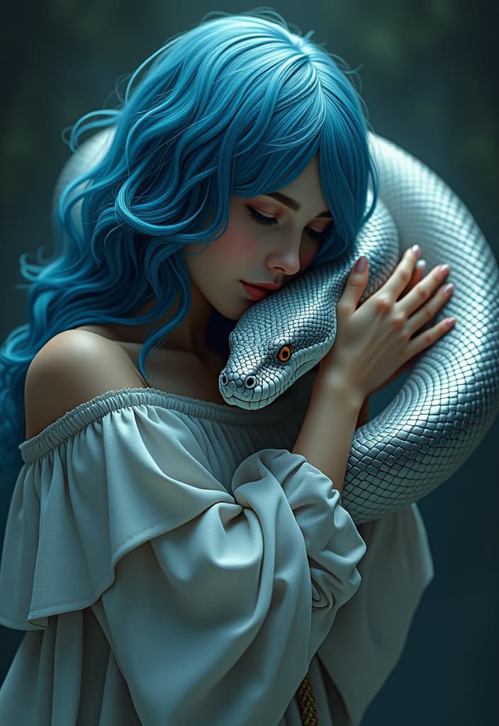  concept art beautiful with blue hair makes love with a big silver snake gently hugs snake. snake bends from caresses . digital artwork, ilrative, painterly, matte painting, highly detailed hyperrealistic, full body, detailed clothing, highly detailed, cinematic lighting, stunningly beautiful, intricate, sharp focus, f/1. 8, 85mm, (centered image composition), (professionally color graded), ((bright soft diffused light)), volumetric fog, trending on instagram, trending on tumblr, HDR 4K, 8K