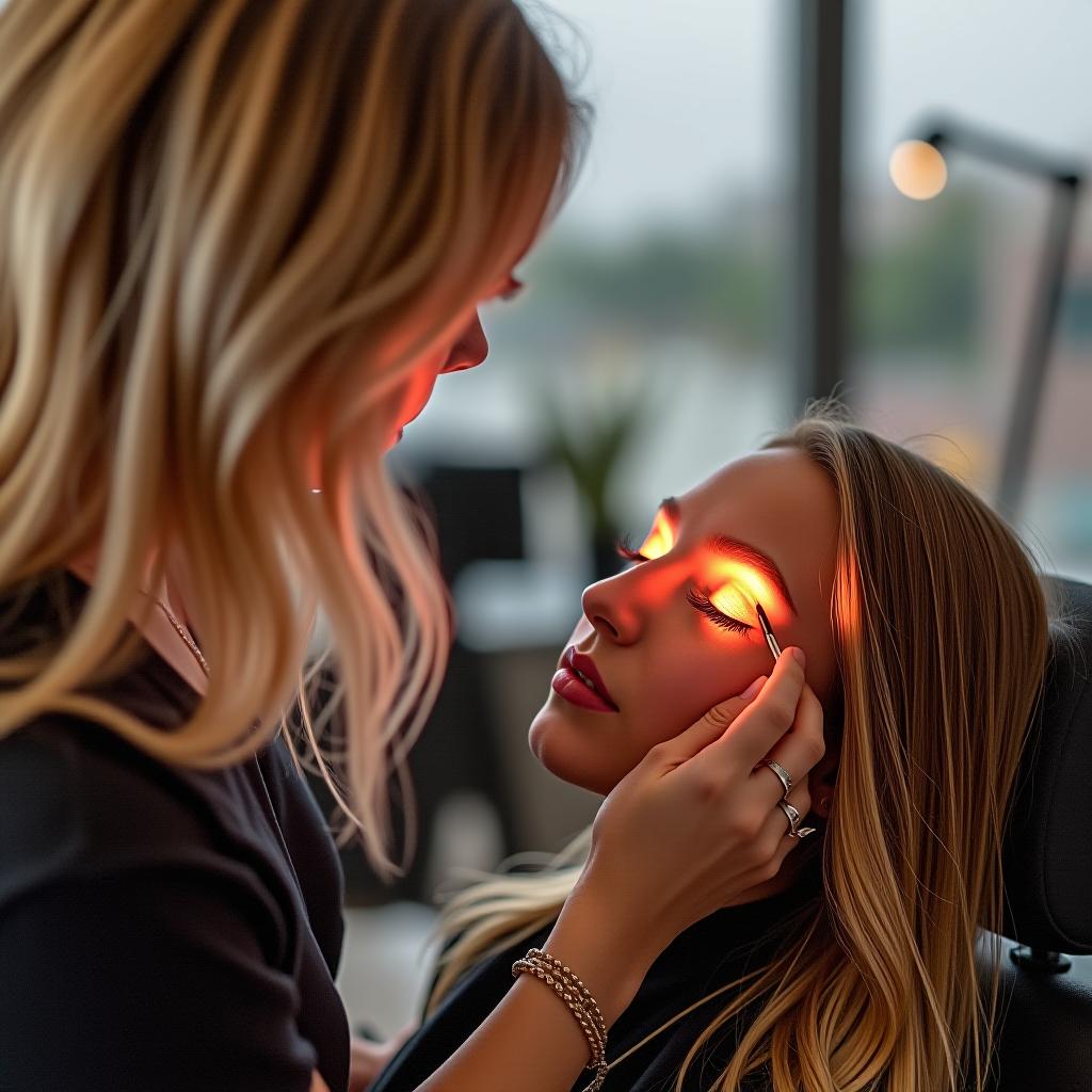  a blonde with大 s is performing led eyelash extensions on a client.