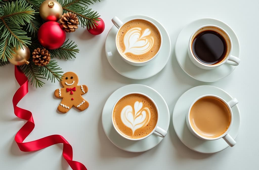  several cups of cappuccino, espresso, latte, black coffee, flat white stand on a light table with christmas decorations made of gingerbread, ribbons, balls, top view {prompt}, maximum details