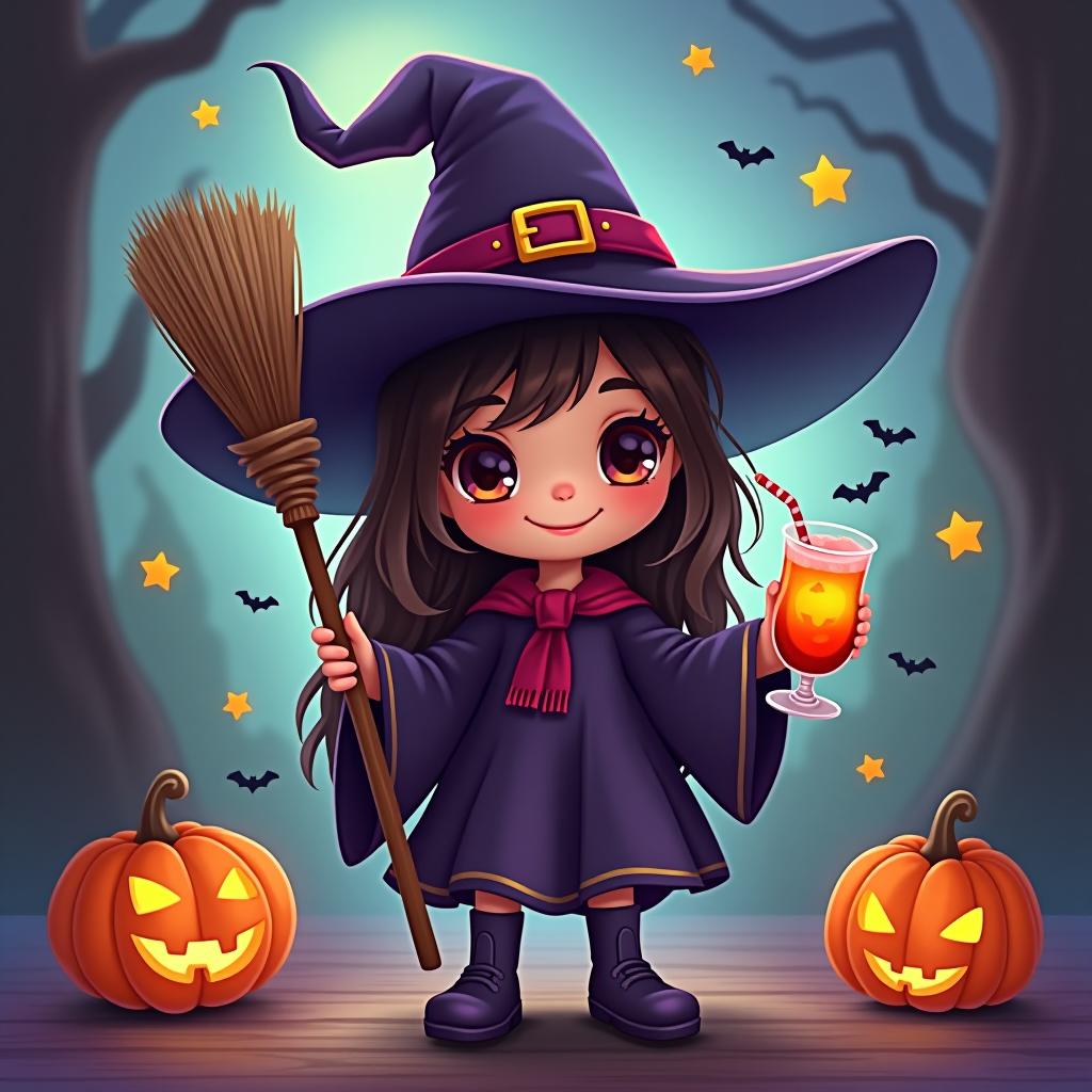  create a digital painting featuring a cute witch character. the witch should be wearing a hat. in one hand, the witch should hold a broomstick, and in the other hand, a halloween themed drink. the background should be colorful and include small black bats, pumpkins and stars to add a playful halloween touch. the overall style should be cute, whimsical, and colorful hyperrealistic, full body, detailed clothing, highly detailed, cinematic lighting, stunningly beautiful, intricate, sharp focus, f/1. 8, 85mm, (centered image composition), (professionally color graded), ((bright soft diffused light)), volumetric fog, trending on instagram, trending on tumblr, HDR 4K, 8K